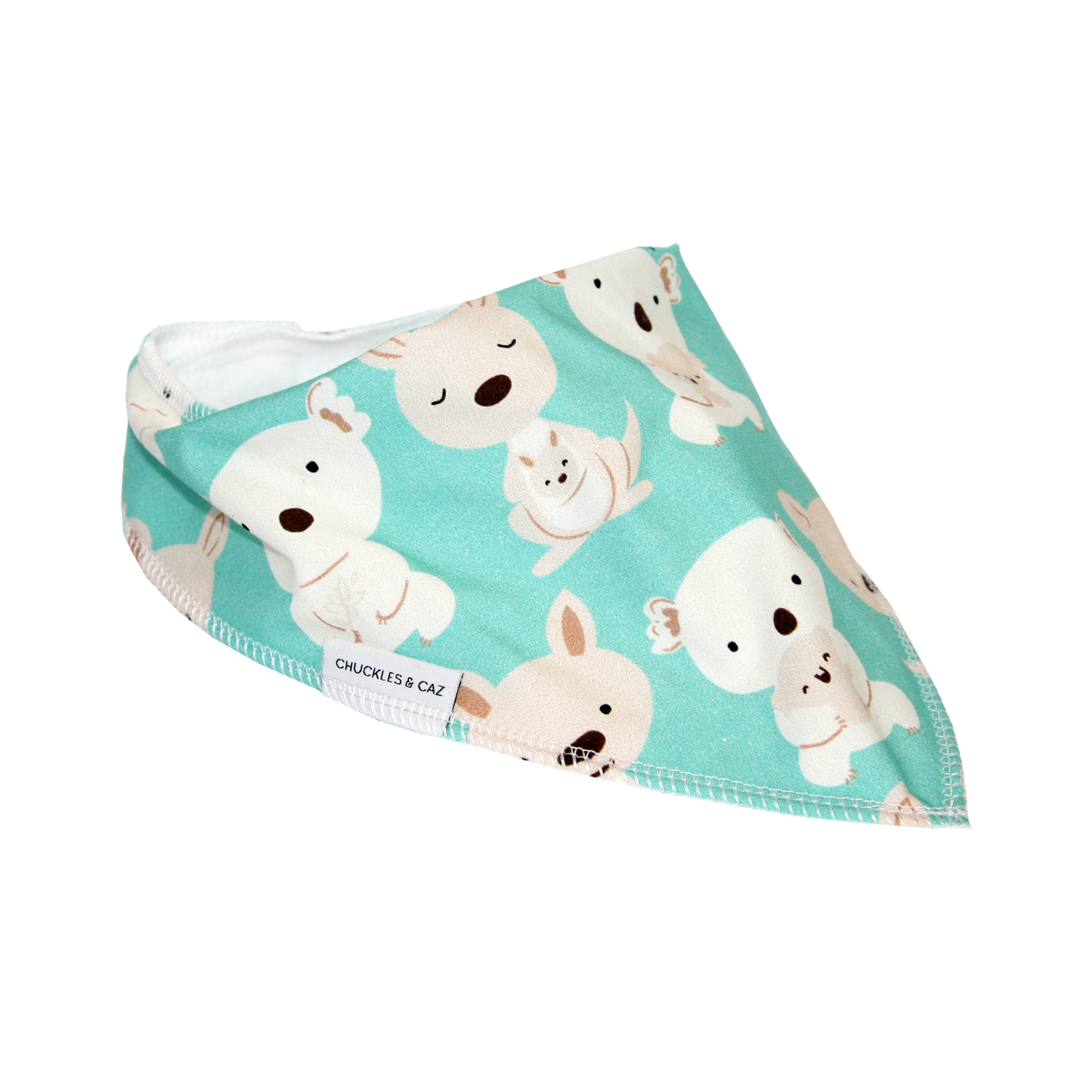 Chuckles and Caz baby bib aqua koala side view