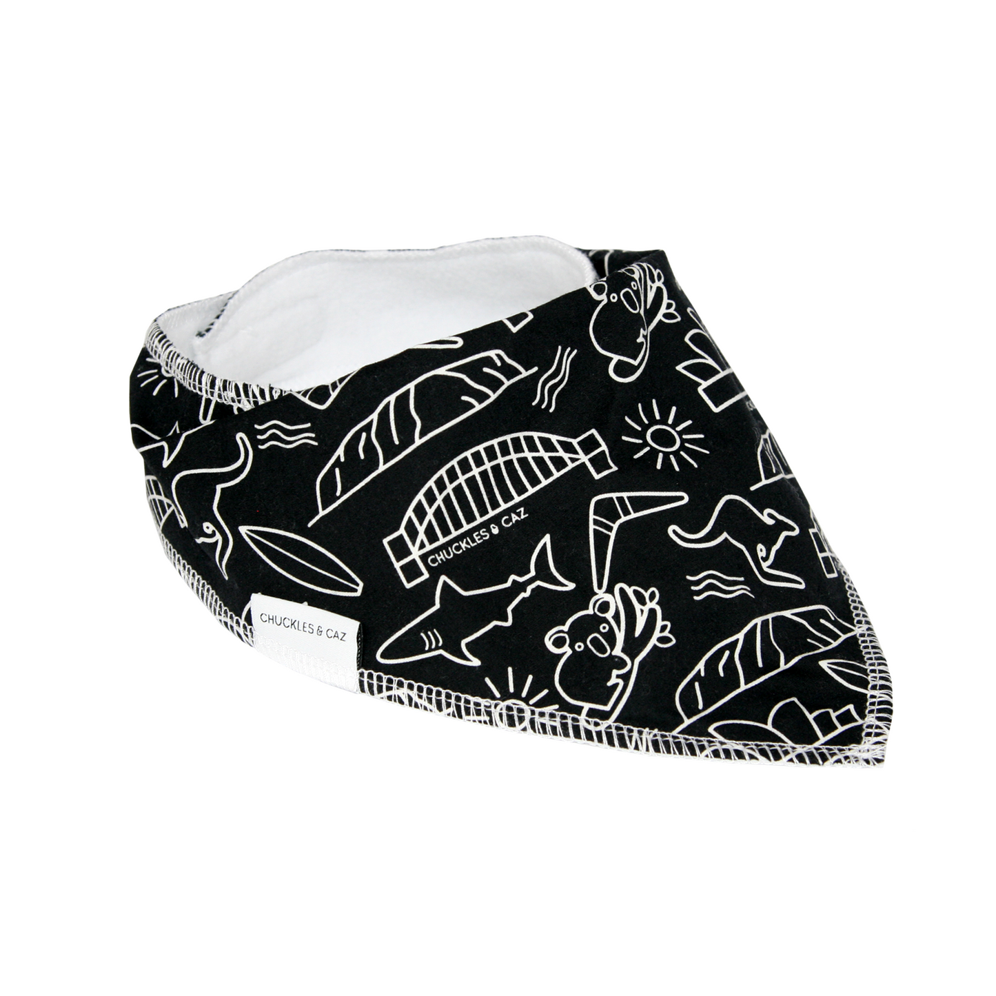 Chuckles and Caz baby bib Australian icons side view