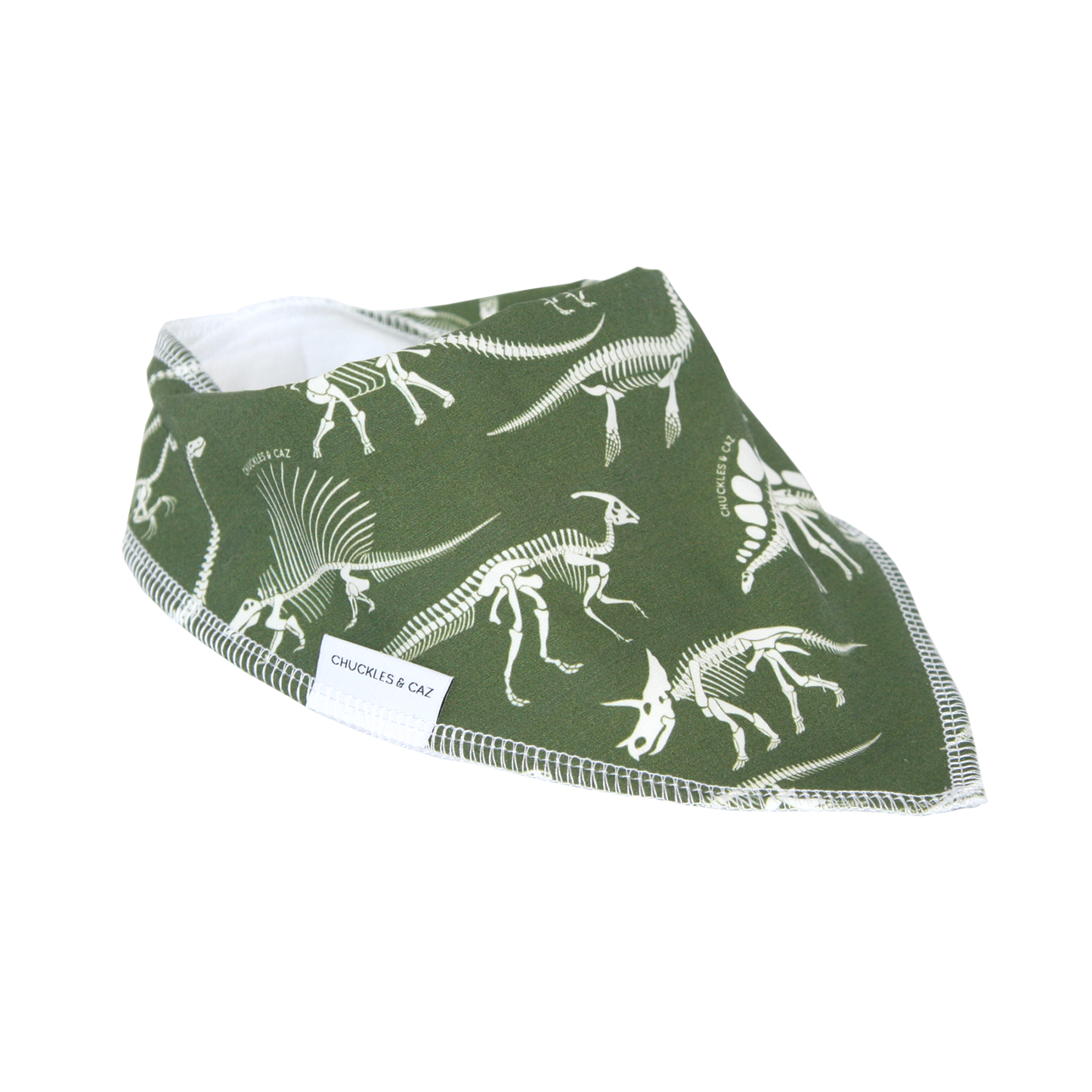 Chuckles and Caz baby bib dinosaur skeleton side view
